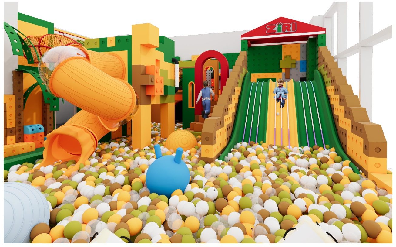 Ball pit with tube slide and wide slide